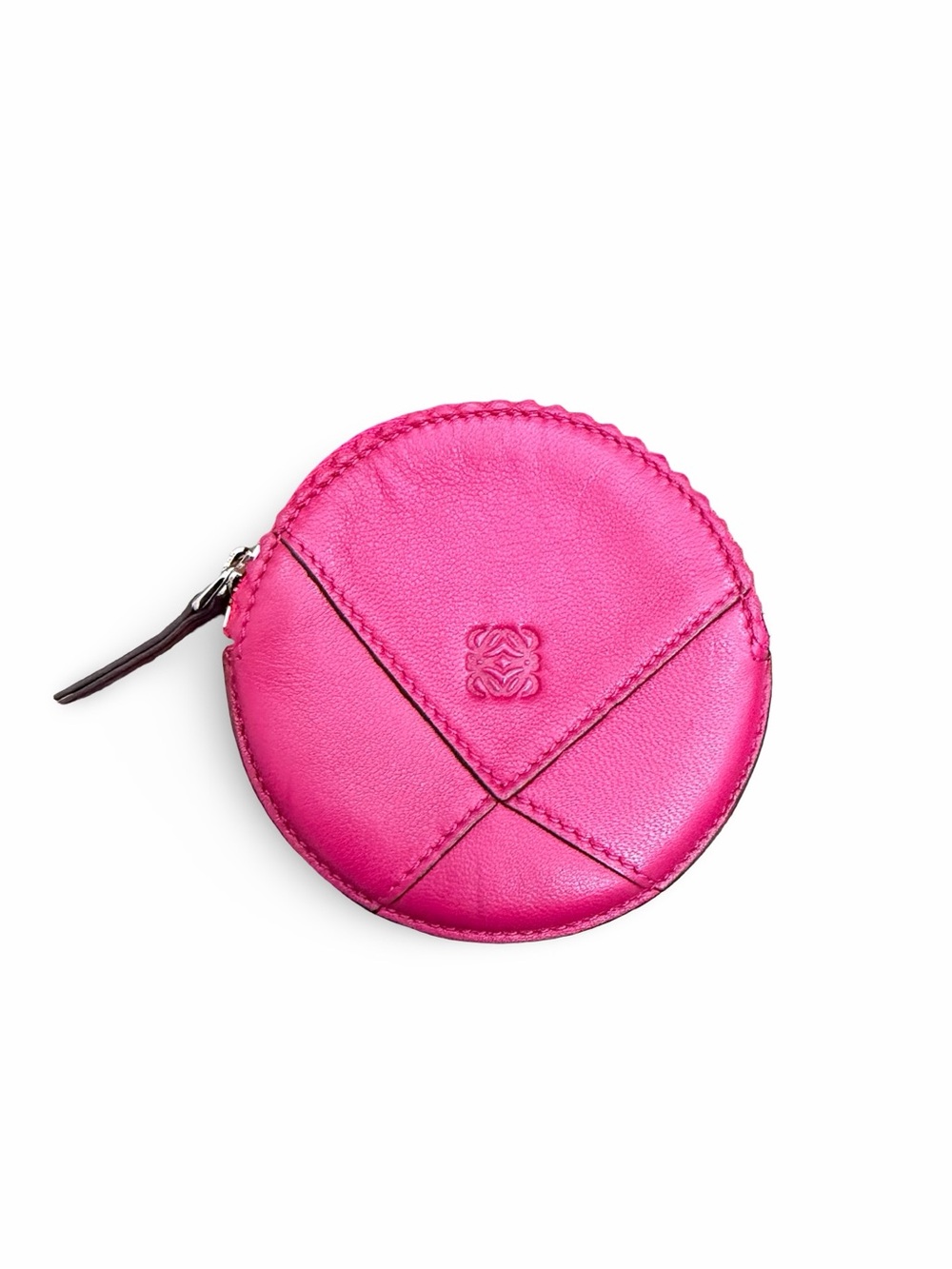 Authentic Loewe Round Anagram Leather Round Coin Purse Case Fuchsia Pink